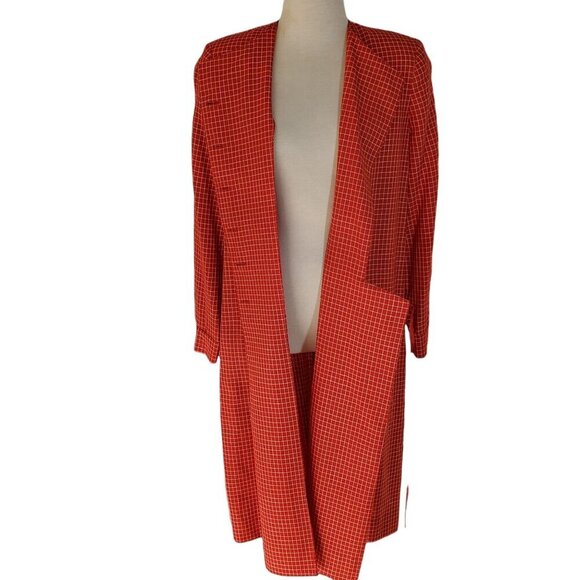 Evan Picone Red 80s Coat Dress Size 10 Asymmetrical Button Up Red Plaid - Picture 11 of 13